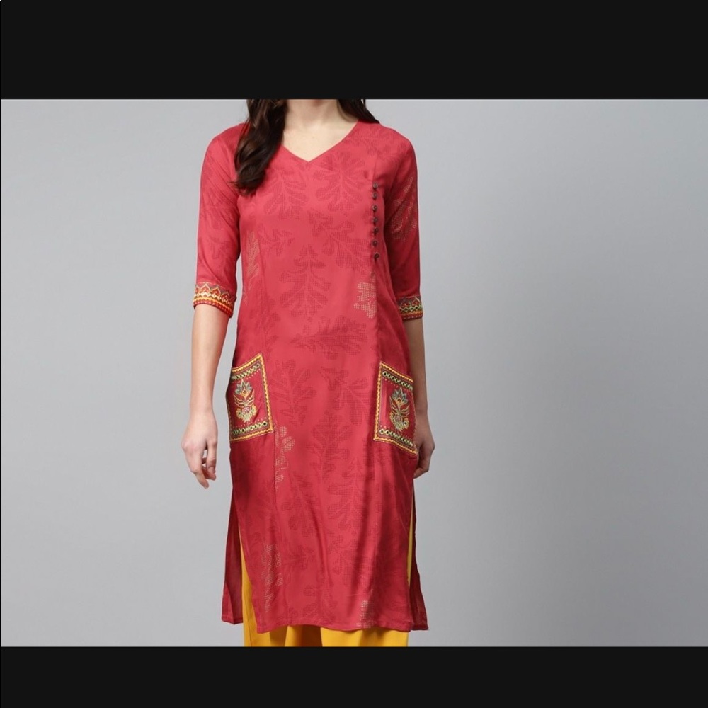 Coral  Red Printed Straight Kurta M